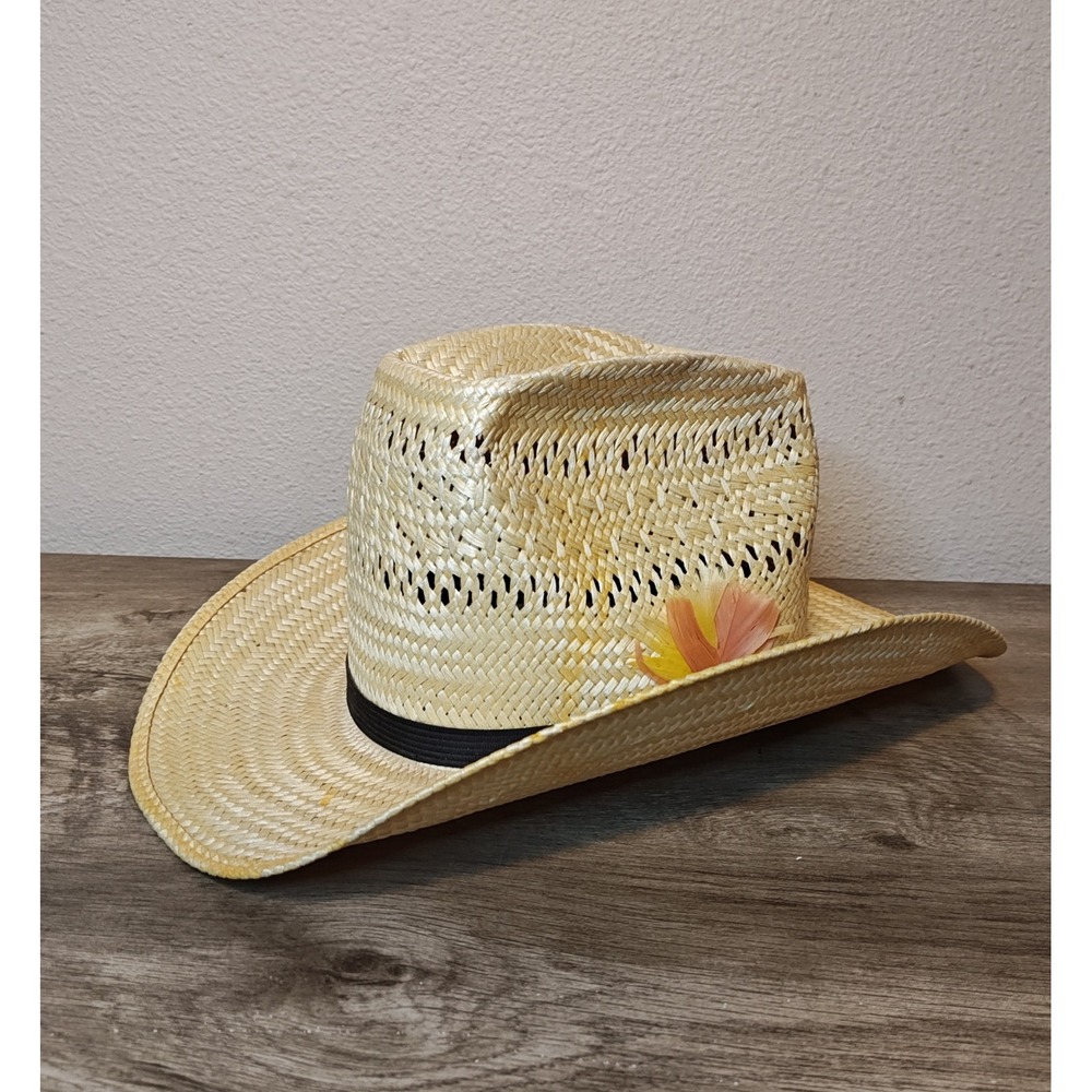 Resistol Straw Cowboy Hat Mens 7.75x6.25 Natural Tan Ventilated Feather Western